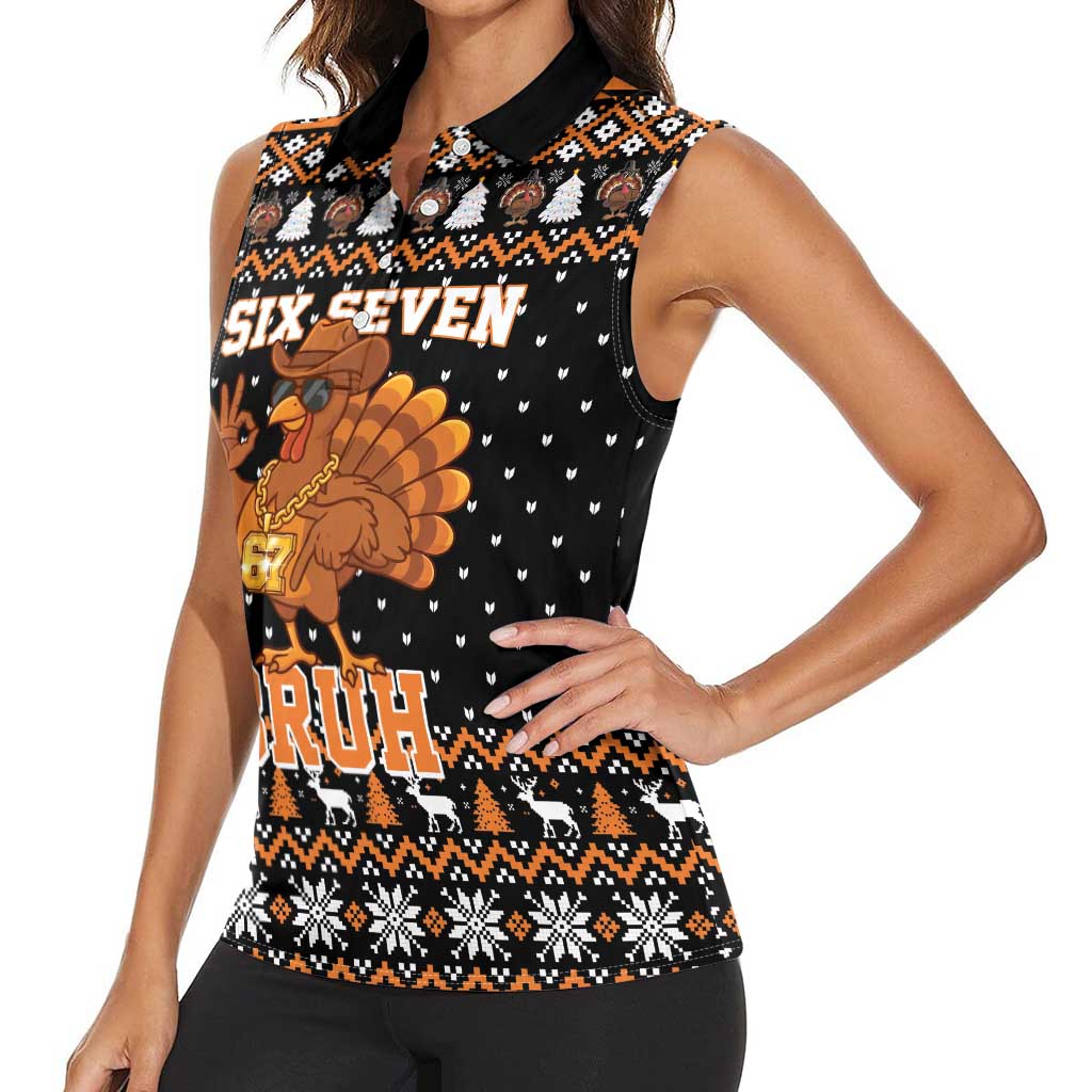 Thanksgiving Turkey Six Seven Bruh Women Sleeveless Polo Shirt Meme Gen Alpha Slang - Wonder Print Shop