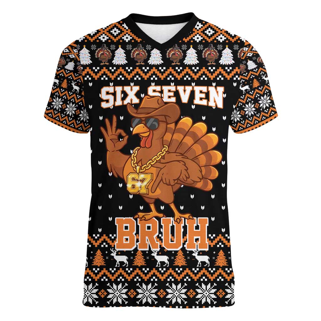 Thanksgiving Turkey Six Seven Bruh Women V-Neck T-Shirt Meme Gen Alpha Slang - Wonder Print Shop