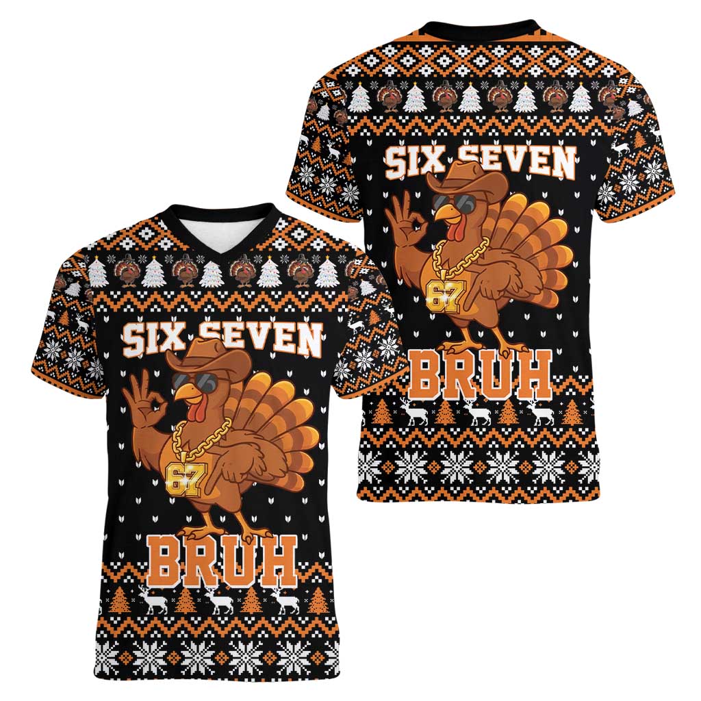 Thanksgiving Turkey Six Seven Bruh Women V-Neck T-Shirt Meme Gen Alpha Slang - Wonder Print Shop
