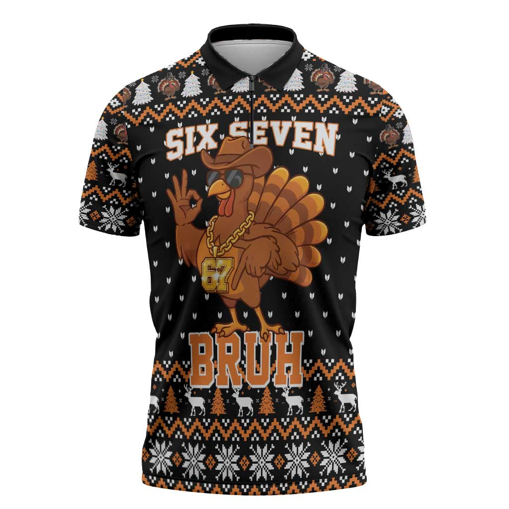 Thanksgiving Turkey Six Seven Bruh Zipper Polo Shirt Meme Gen Alpha Slang - Wonder Print Shop