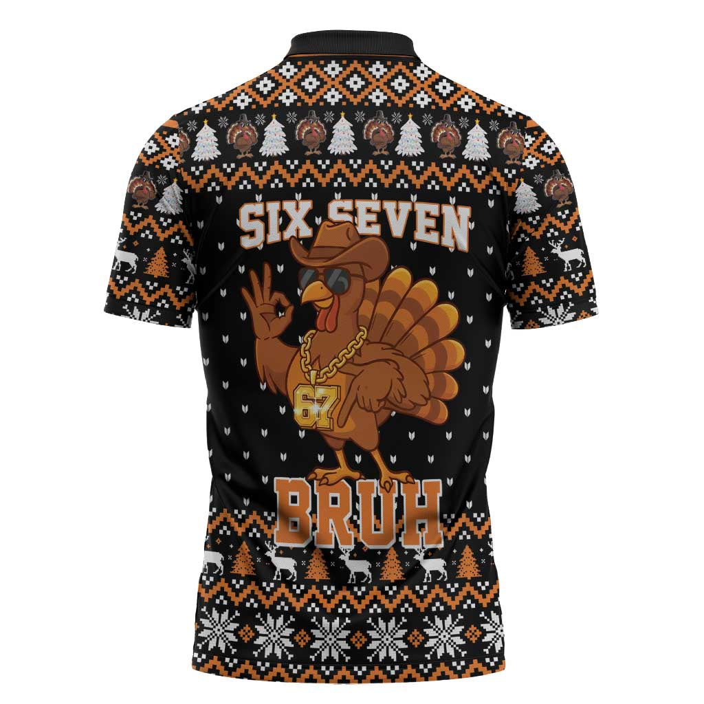 Thanksgiving Turkey Six Seven Bruh Zipper Polo Shirt Meme Gen Alpha Slang - Wonder Print Shop