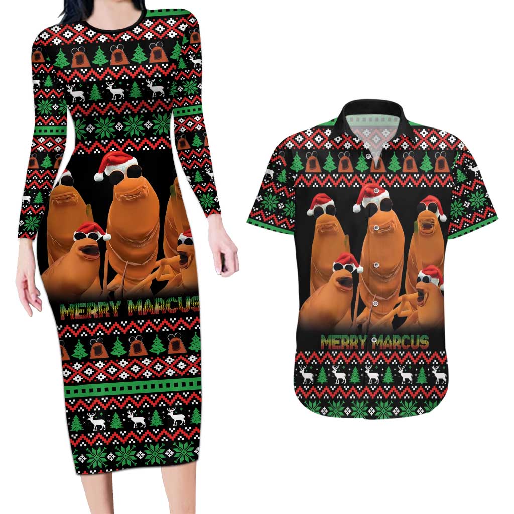 Marcus The Worm Christmas Couples Matching Long Sleeve Bodycon Dress and Hawaiian Shirt Funny Gen Alpha Meme Slang - Wonder Print Shop