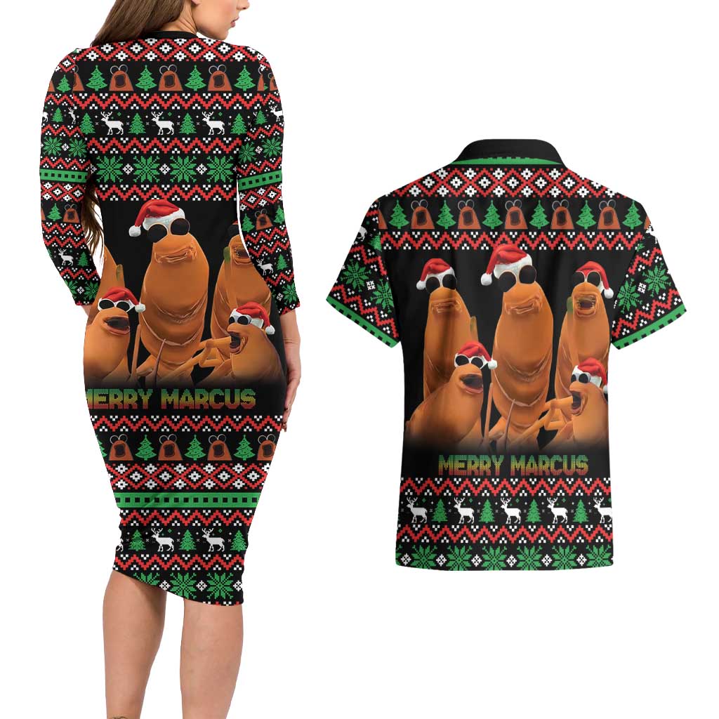 Marcus The Worm Christmas Couples Matching Long Sleeve Bodycon Dress and Hawaiian Shirt Funny Gen Alpha Meme Slang - Wonder Print Shop