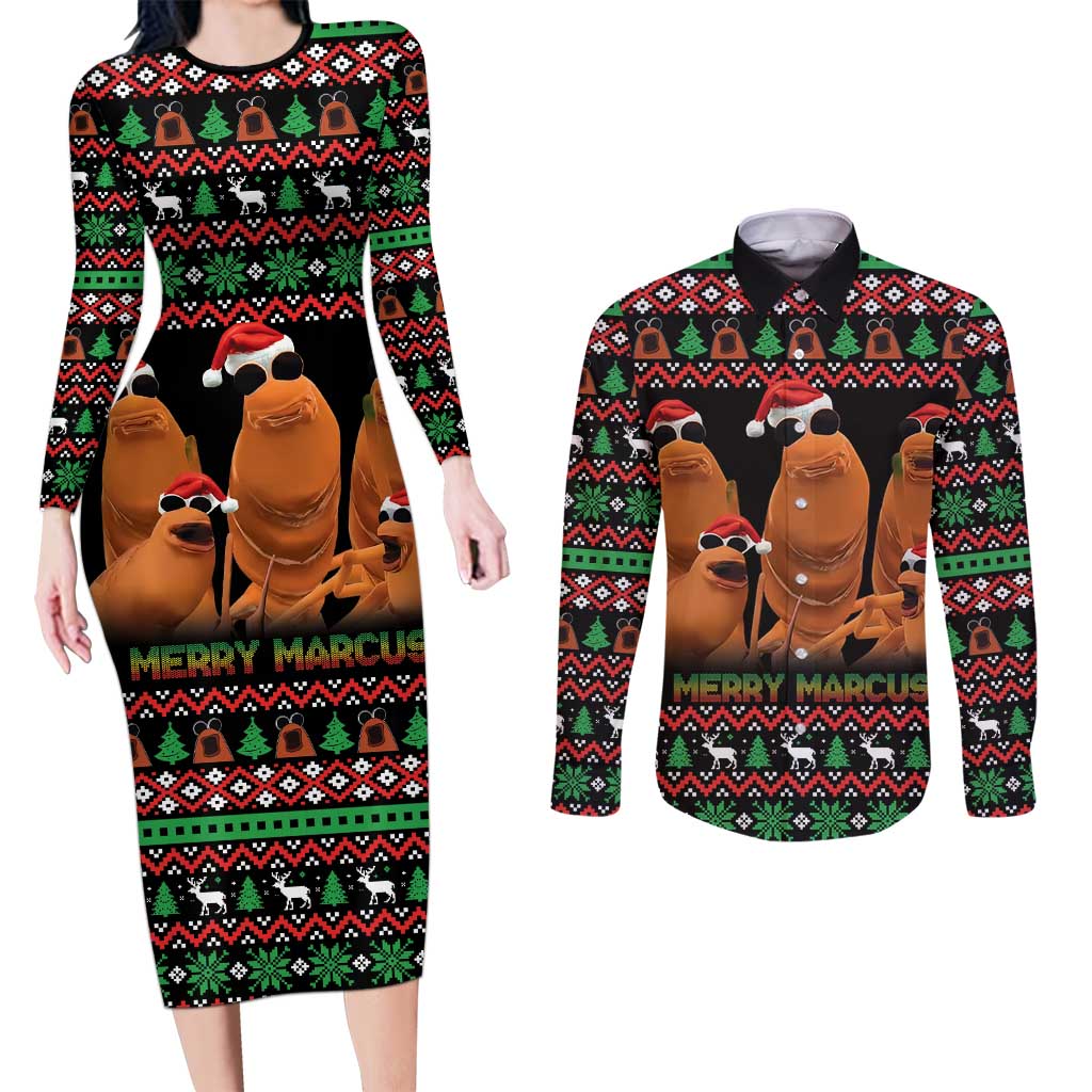 Marcus The Worm Christmas Couples Matching Long Sleeve Bodycon Dress and Long Sleeve Button Shirt Funny Gen Alpha Meme Slang - Wonder Print Shop