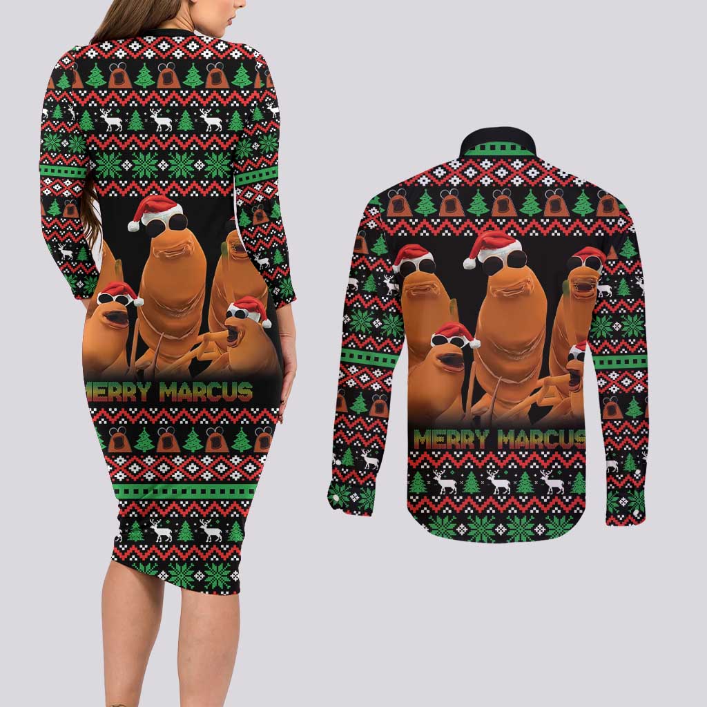 Marcus The Worm Christmas Couples Matching Long Sleeve Bodycon Dress and Long Sleeve Button Shirt Funny Gen Alpha Meme Slang - Wonder Print Shop