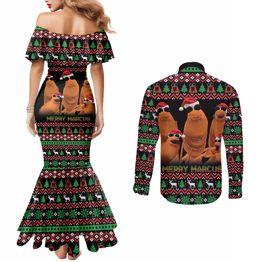 Marcus The Worm Christmas Couples Matching Mermaid Dress and Long Sleeve Button Shirt Funny Gen Alpha Meme Slang - Wonder Print Shop