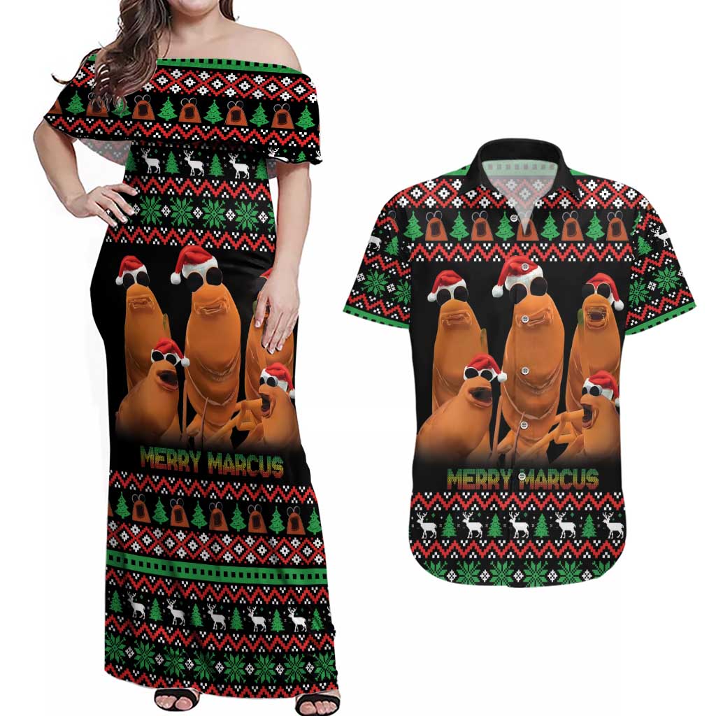 Marcus The Worm Christmas Couples Matching Off Shoulder Maxi Dress and Hawaiian Shirt Funny Gen Alpha Meme Slang - Wonder Print Shop