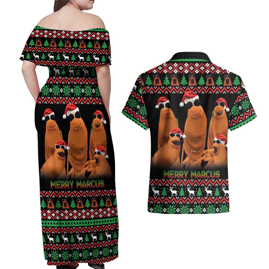 Marcus The Worm Christmas Couples Matching Off Shoulder Maxi Dress and Hawaiian Shirt Funny Gen Alpha Meme Slang - Wonder Print Shop