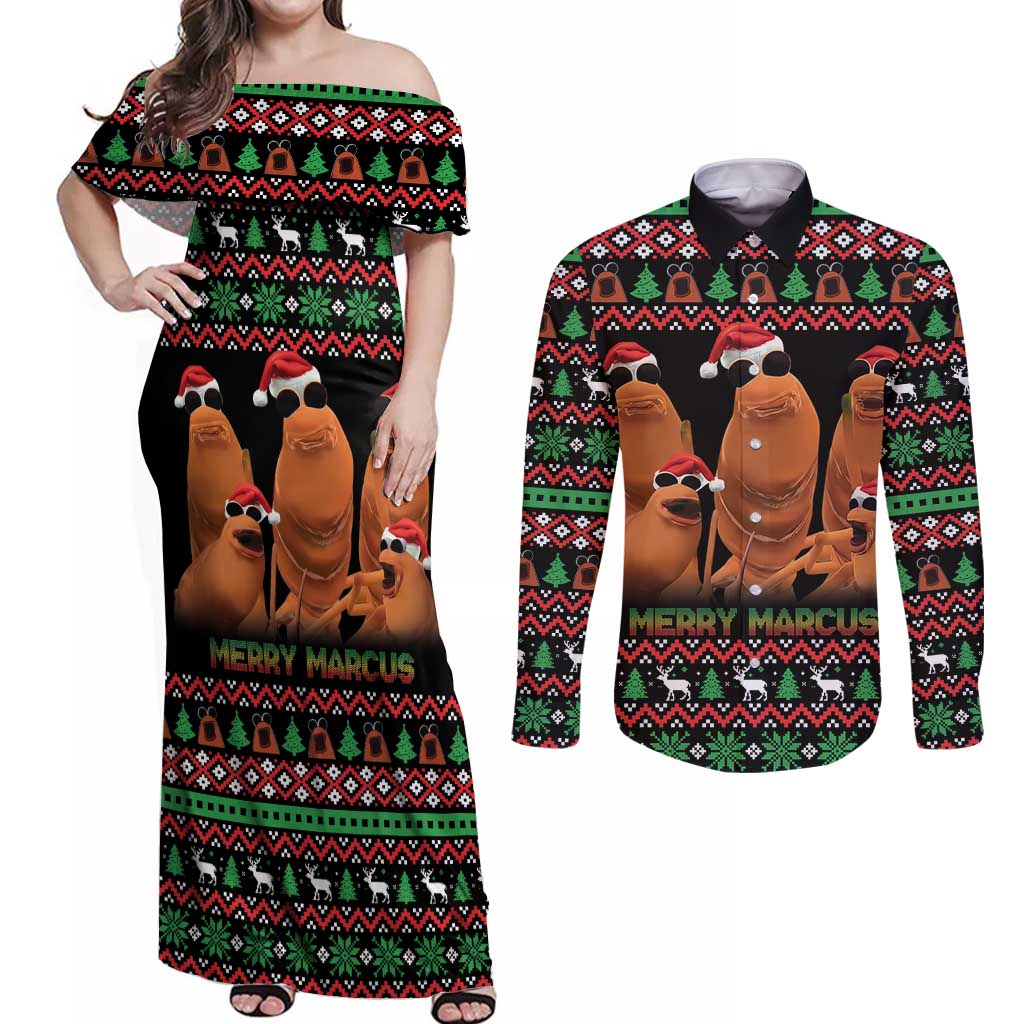 Marcus The Worm Christmas Couples Matching Off Shoulder Maxi Dress and Long Sleeve Button Shirt Funny Gen Alpha Meme Slang - Wonder Print Shop