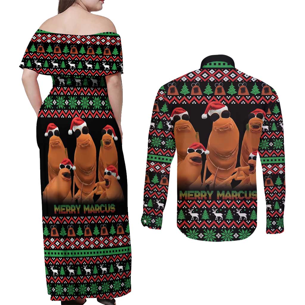 Marcus The Worm Christmas Couples Matching Off Shoulder Maxi Dress and Long Sleeve Button Shirt Funny Gen Alpha Meme Slang - Wonder Print Shop