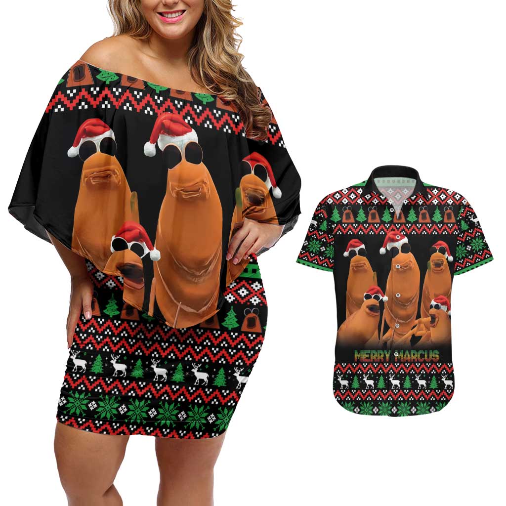 Marcus The Worm Christmas Couples Matching Off Shoulder Short Dress and Hawaiian Shirt Funny Gen Alpha Meme Slang - Wonder Print Shop
