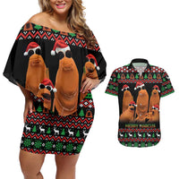 Marcus The Worm Christmas Couples Matching Off Shoulder Short Dress and Hawaiian Shirt Funny Gen Alpha Meme Slang - Wonder Print Shop