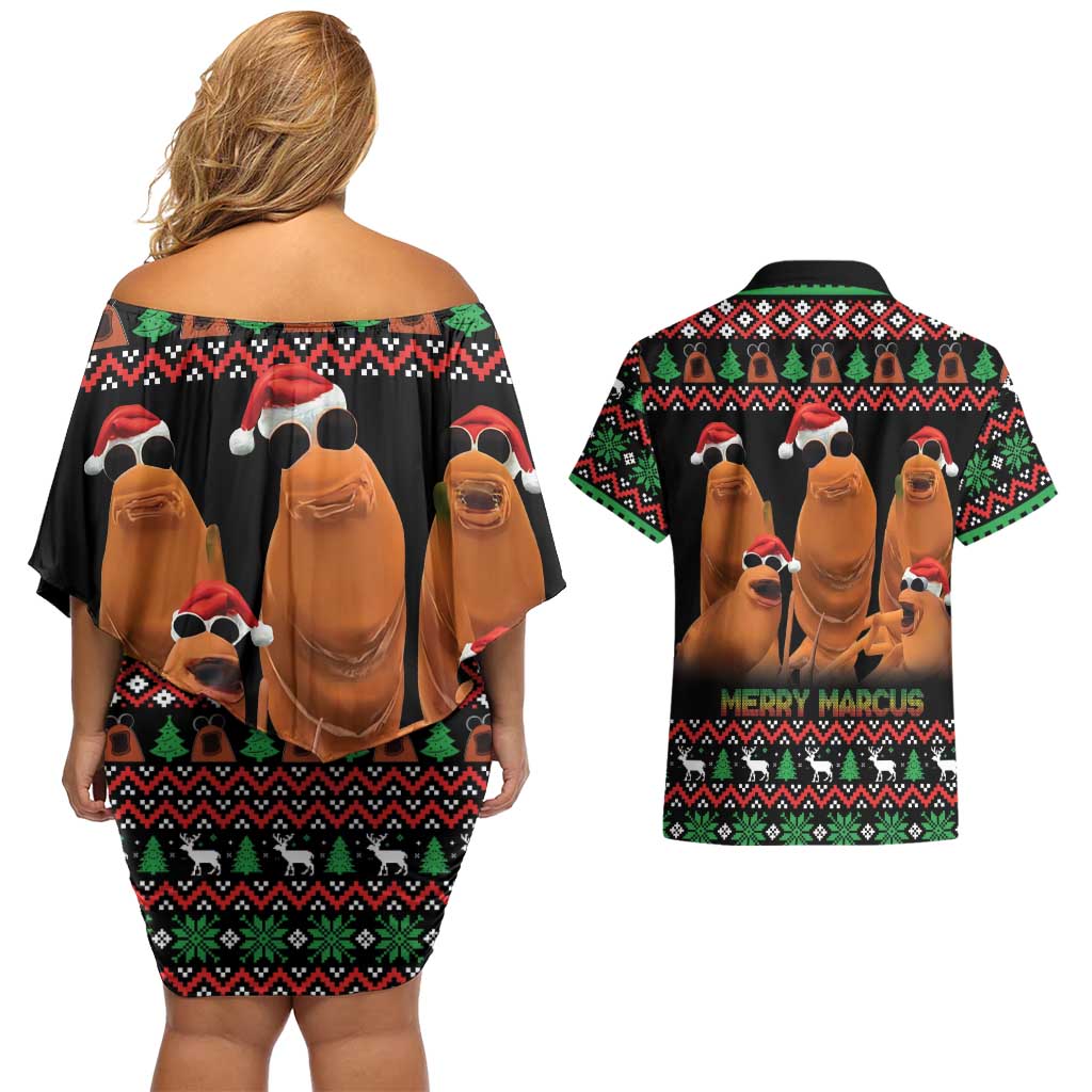 Marcus The Worm Christmas Couples Matching Off Shoulder Short Dress and Hawaiian Shirt Funny Gen Alpha Meme Slang - Wonder Print Shop