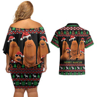 Marcus The Worm Christmas Couples Matching Off Shoulder Short Dress and Hawaiian Shirt Funny Gen Alpha Meme Slang - Wonder Print Shop