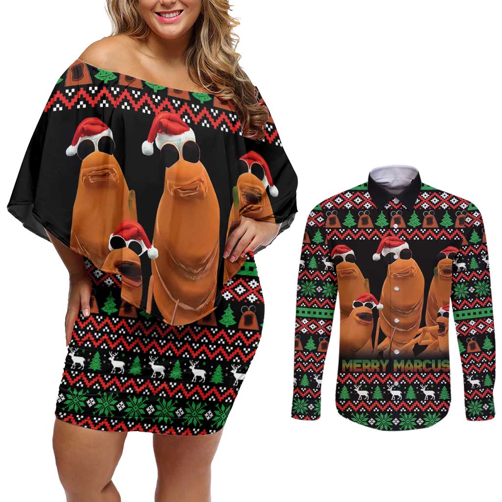Marcus The Worm Christmas Couples Matching Off Shoulder Short Dress and Long Sleeve Button Shirt Funny Gen Alpha Meme Slang - Wonder Print Shop