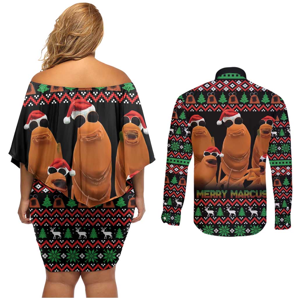 Marcus The Worm Christmas Couples Matching Off Shoulder Short Dress and Long Sleeve Button Shirt Funny Gen Alpha Meme Slang - Wonder Print Shop