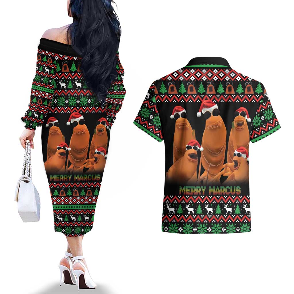 Marcus The Worm Christmas Couples Matching Off The Shoulder Long Sleeve Dress and Hawaiian Shirt Funny Gen Alpha Meme Slang - Wonder Print Shop