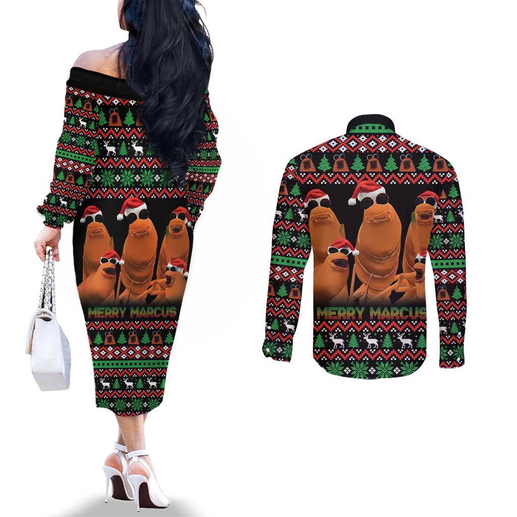 Marcus The Worm Christmas Couples Matching Off The Shoulder Long Sleeve Dress and Long Sleeve Button Shirt Funny Gen Alpha Meme Slang - Wonder Print Shop