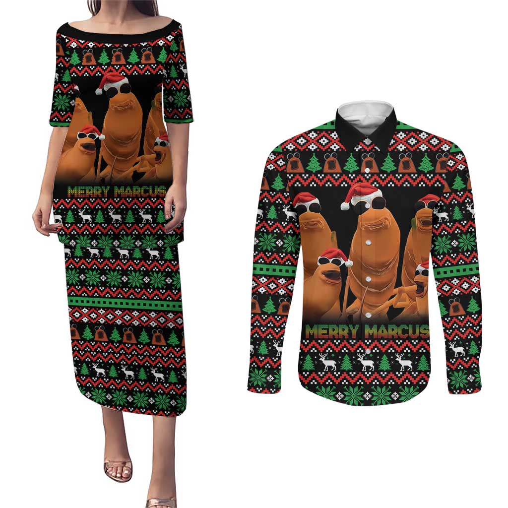 Marcus The Worm Christmas Couples Matching Puletasi and Long Sleeve Button Shirt Funny Gen Alpha Meme Slang - Wonder Print Shop