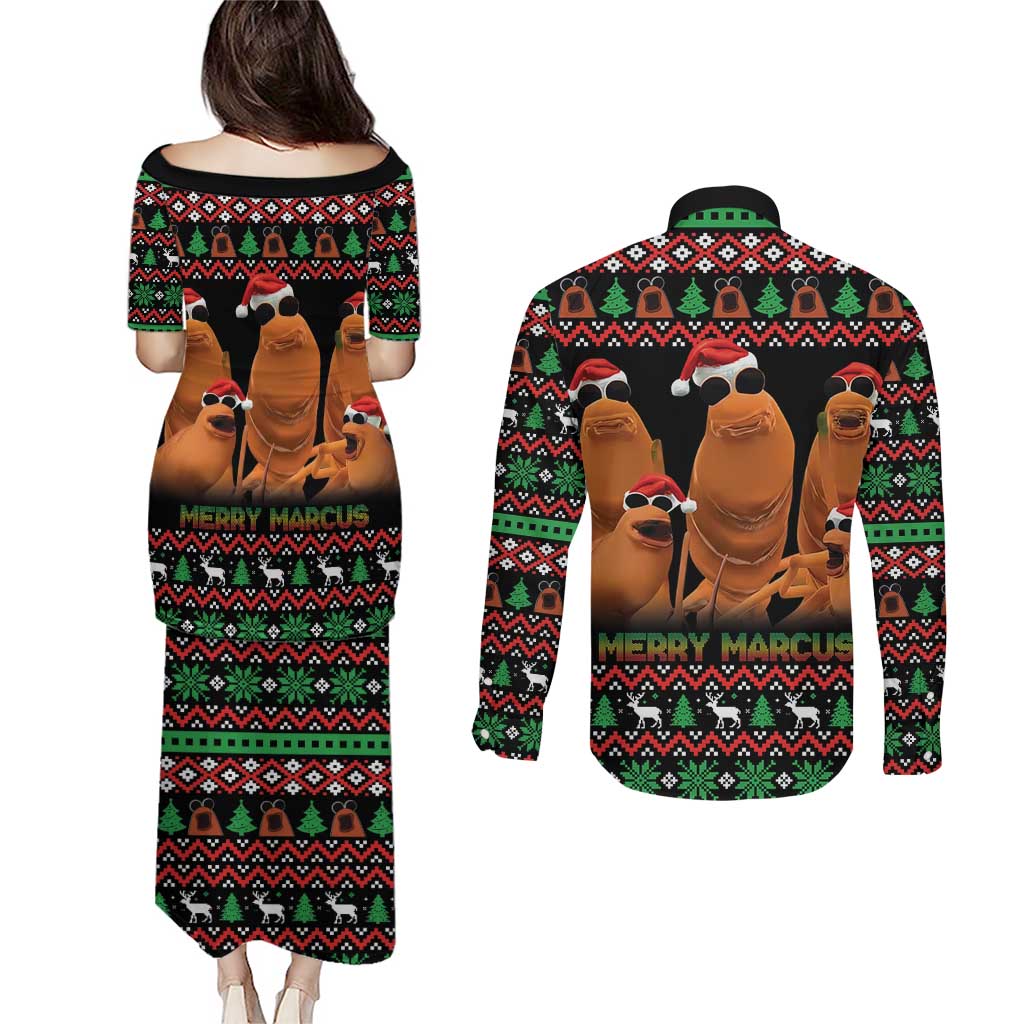 Marcus The Worm Christmas Couples Matching Puletasi and Long Sleeve Button Shirt Funny Gen Alpha Meme Slang - Wonder Print Shop
