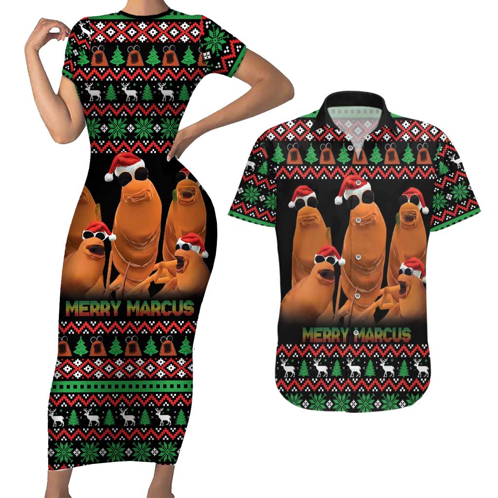 Marcus The Worm Christmas Couples Matching Short Sleeve Bodycon Dress and Hawaiian Shirt Funny Gen Alpha Meme Slang - Wonder Print Shop
