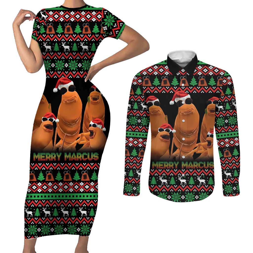 Marcus The Worm Christmas Couples Matching Short Sleeve Bodycon Dress and Long Sleeve Button Shirt Funny Gen Alpha Meme Slang - Wonder Print Shop