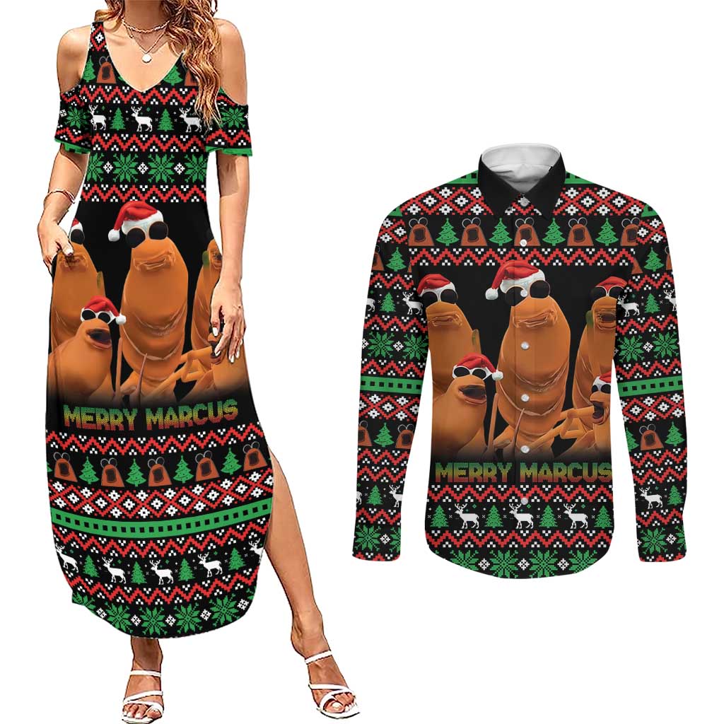 Marcus The Worm Christmas Couples Matching Summer Maxi Dress and Long Sleeve Button Shirt Funny Gen Alpha Meme Slang - Wonder Print Shop