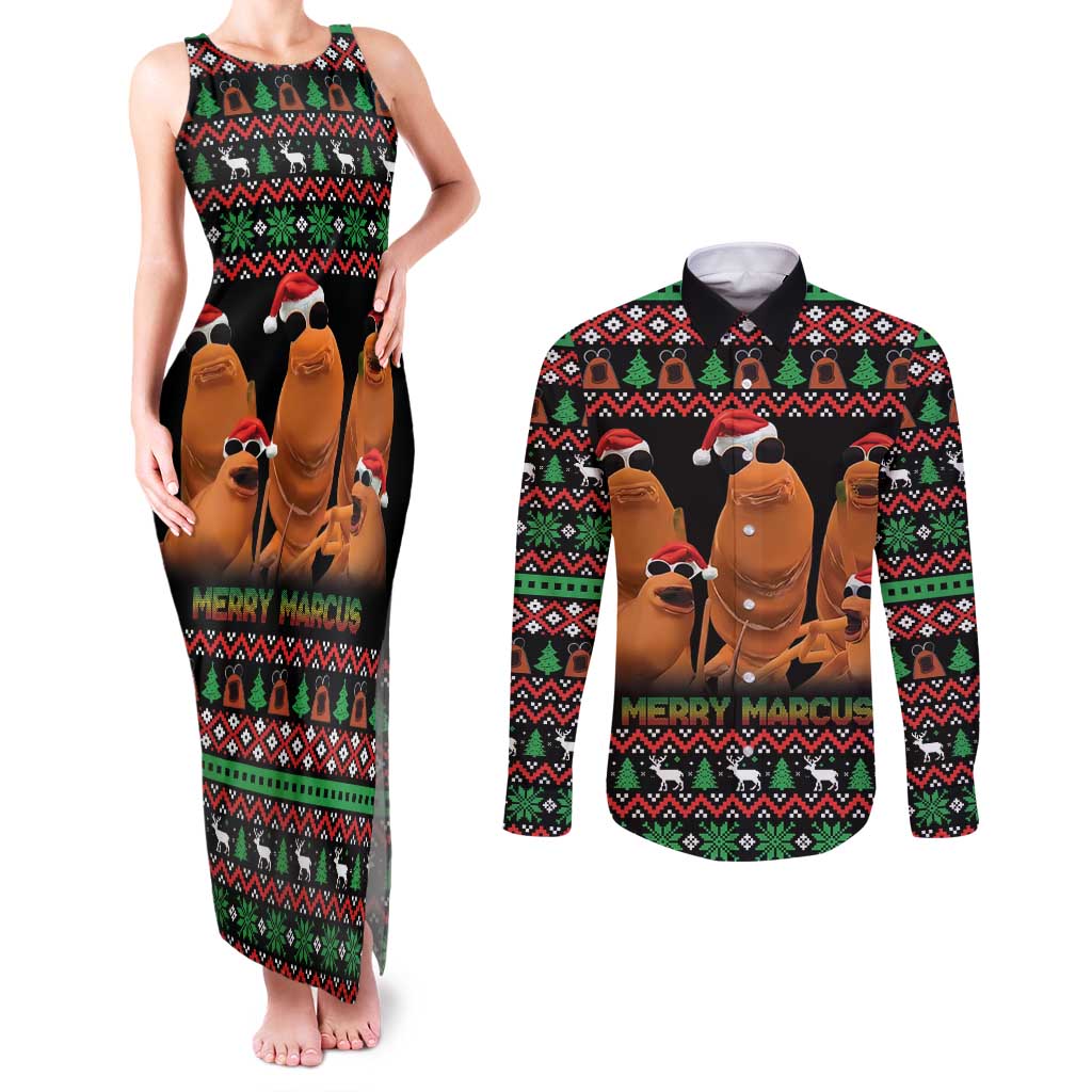 Marcus The Worm Christmas Couples Matching Tank Maxi Dress and Long Sleeve Button Shirt Funny Gen Alpha Meme Slang - Wonder Print Shop