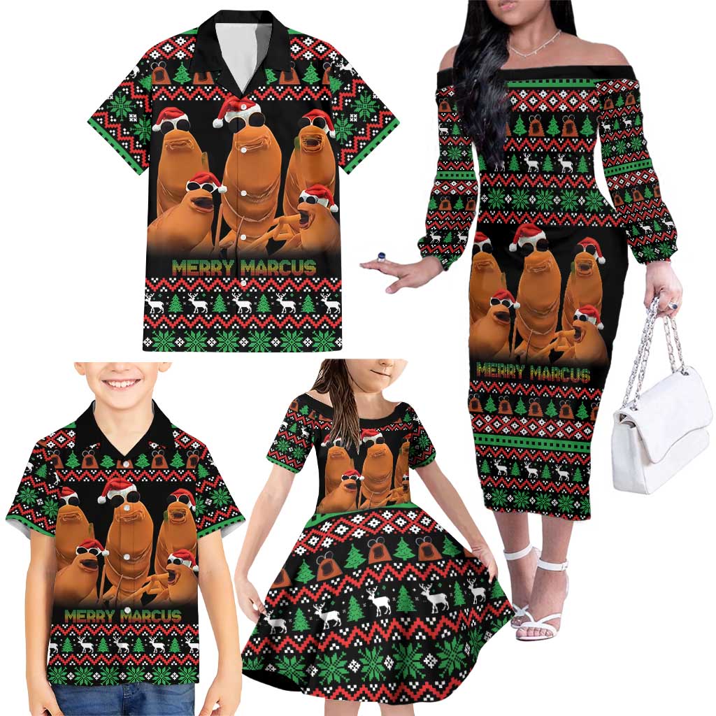 Marcus The Worm Christmas Family Matching Off The Shoulder Long Sleeve Dress and Hawaiian Shirt Funny Gen Alpha Meme Slang - Wonder Print Shop