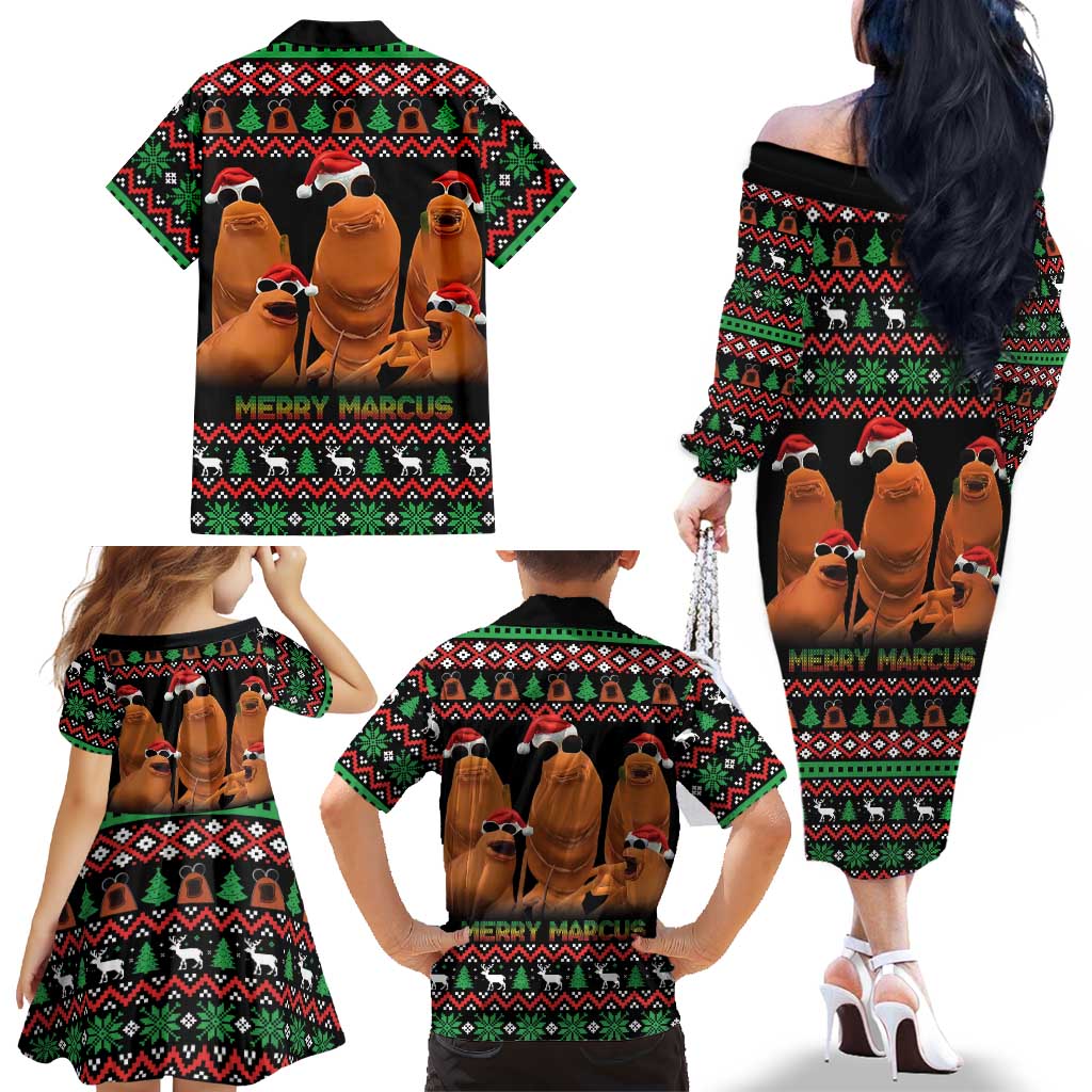 Marcus The Worm Christmas Family Matching Off The Shoulder Long Sleeve Dress and Hawaiian Shirt Funny Gen Alpha Meme Slang - Wonder Print Shop