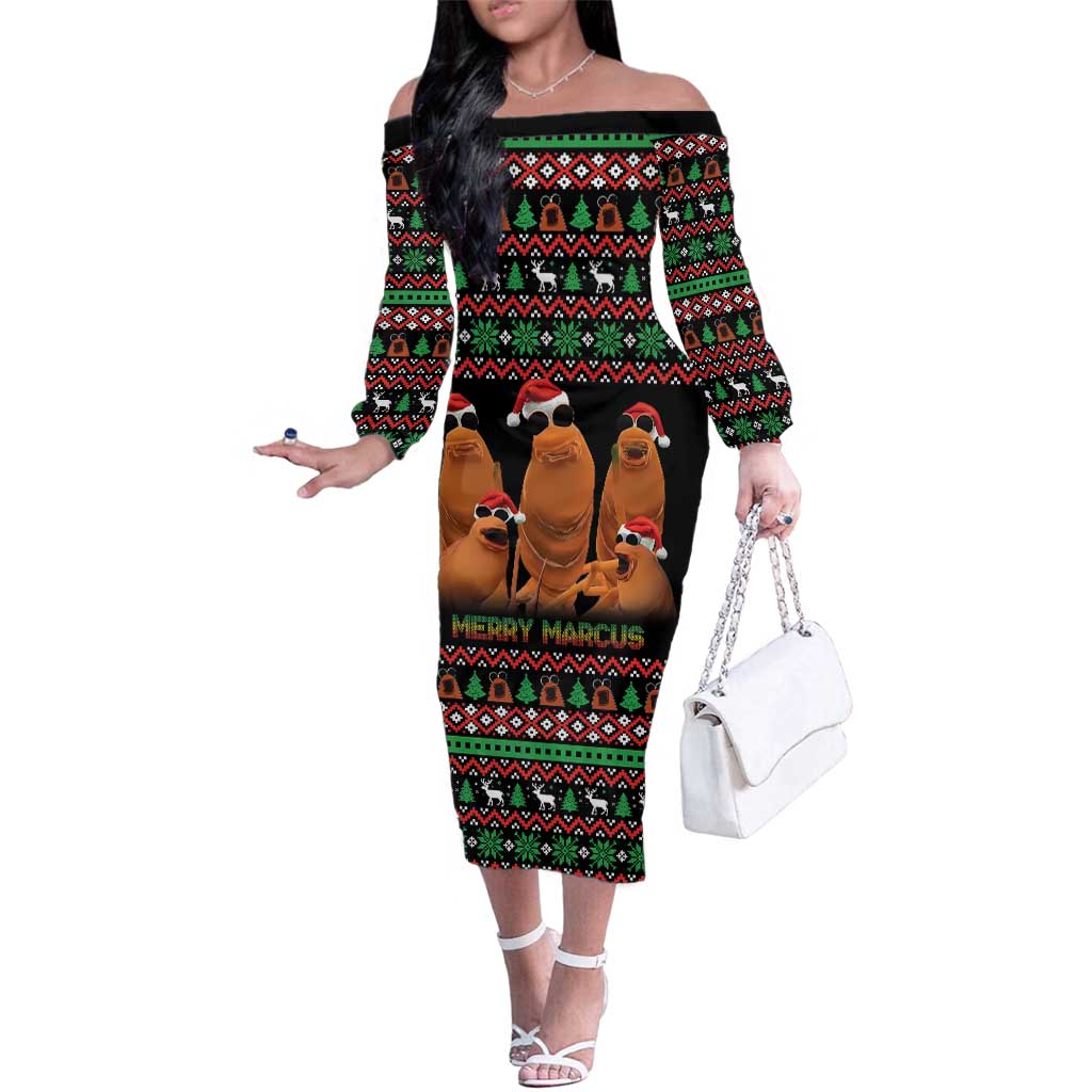 Marcus The Worm Christmas Family Matching Off The Shoulder Long Sleeve Dress and Hawaiian Shirt Funny Gen Alpha Meme Slang - Wonder Print Shop