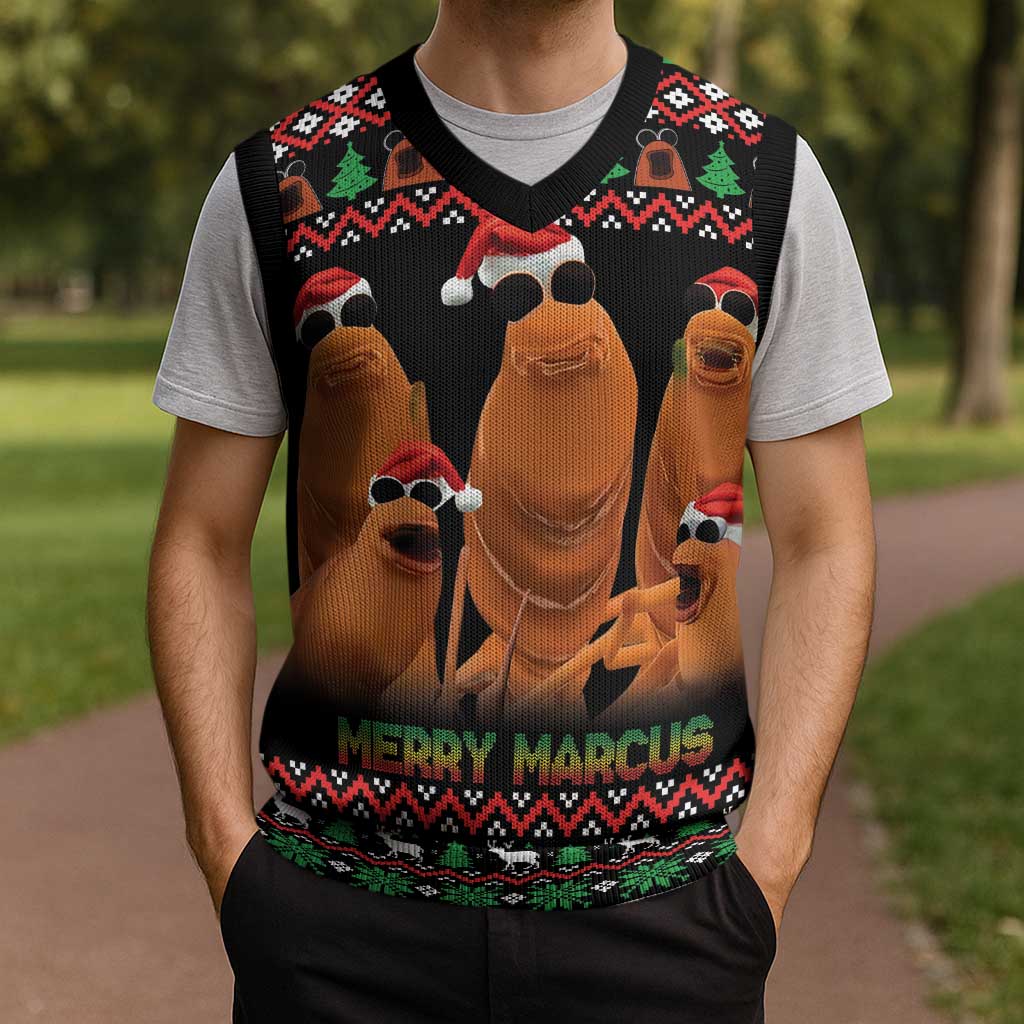 Marcus The Worm Christmas Knitted V-Neck Vest Funny Gen Alpha Meme Slang - Wonder Print Shop
