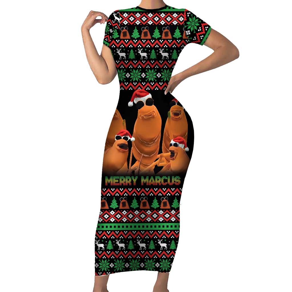 Marcus The Worm Christmas Short Sleeve Bodycon Dress Funny Gen Alpha Meme Slang - Wonder Print Shop