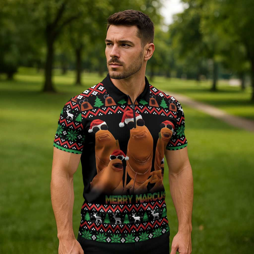 Marcus The Worm Christmas Zipper Polo Shirt Funny Gen Alpha Meme Slang - Wonder Print Shop