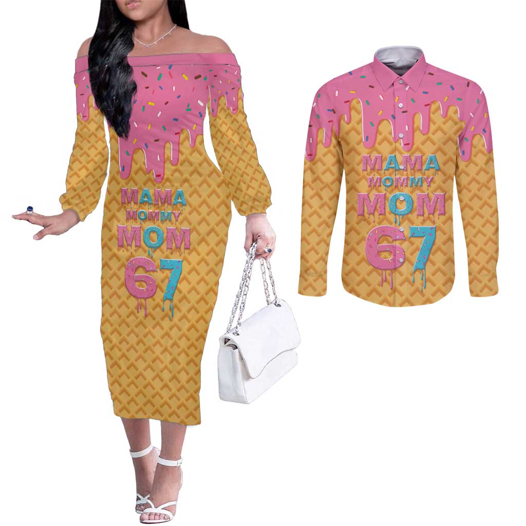 Mama Mommy Mom Six Seven 67 Couples Matching Off The Shoulder Long Sleeve Dress and Long Sleeve Button Shirt Sweet Dripping Style - Wonder Print Shop