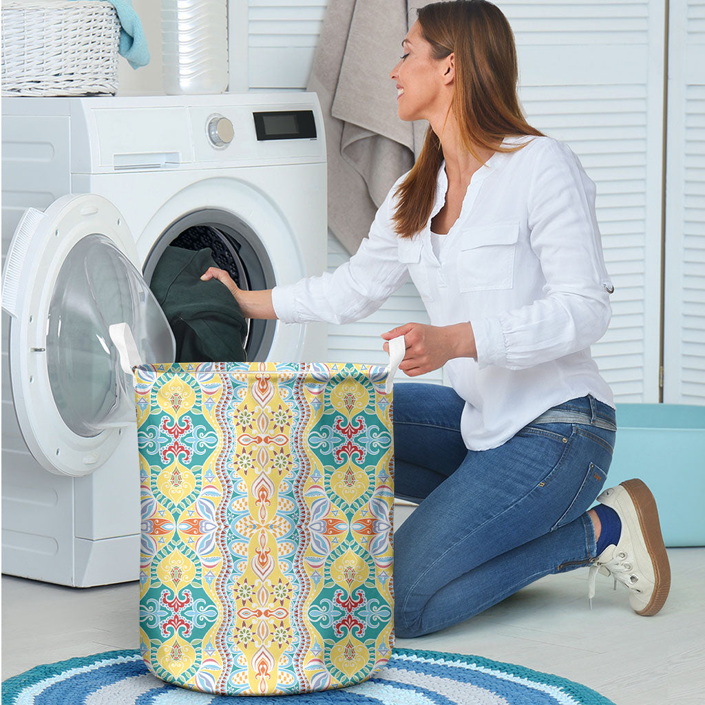Indian Mandala Pattern Laundry Basket Yellow Geometric Floral Mandala