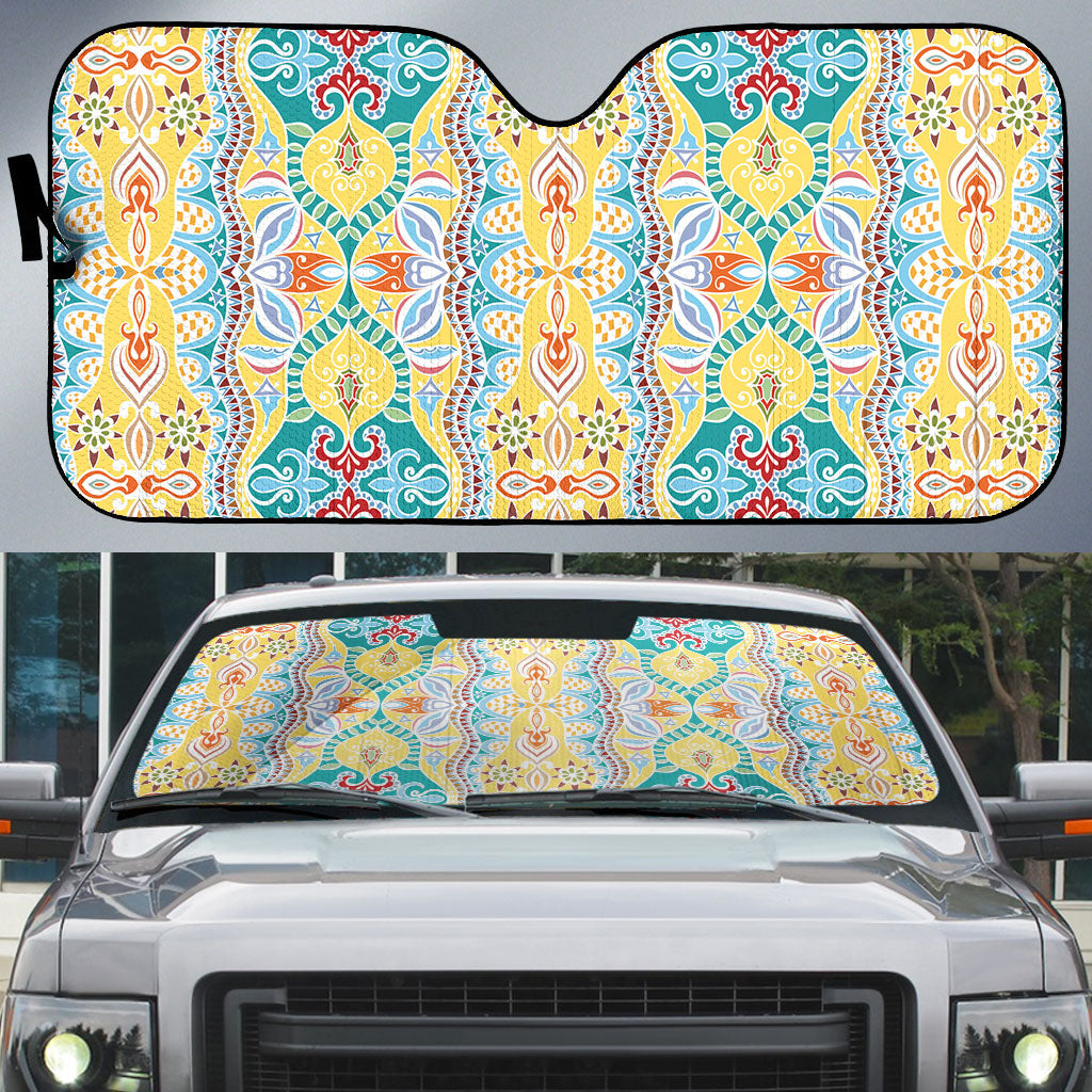 Indian Mandala Pattern Auto Sun Shade Yellow Geometric Floral Mandala