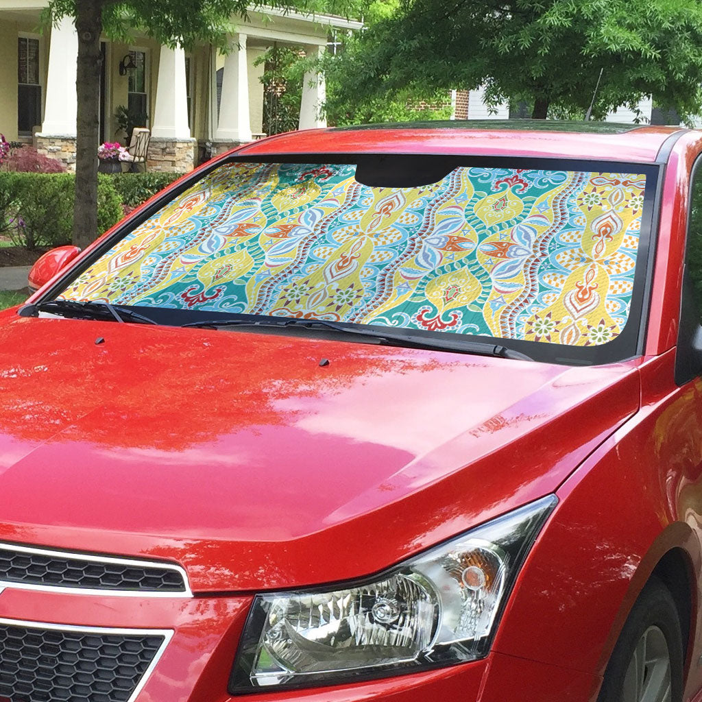 Indian Mandala Pattern Auto Sun Shade Yellow Geometric Floral Mandala