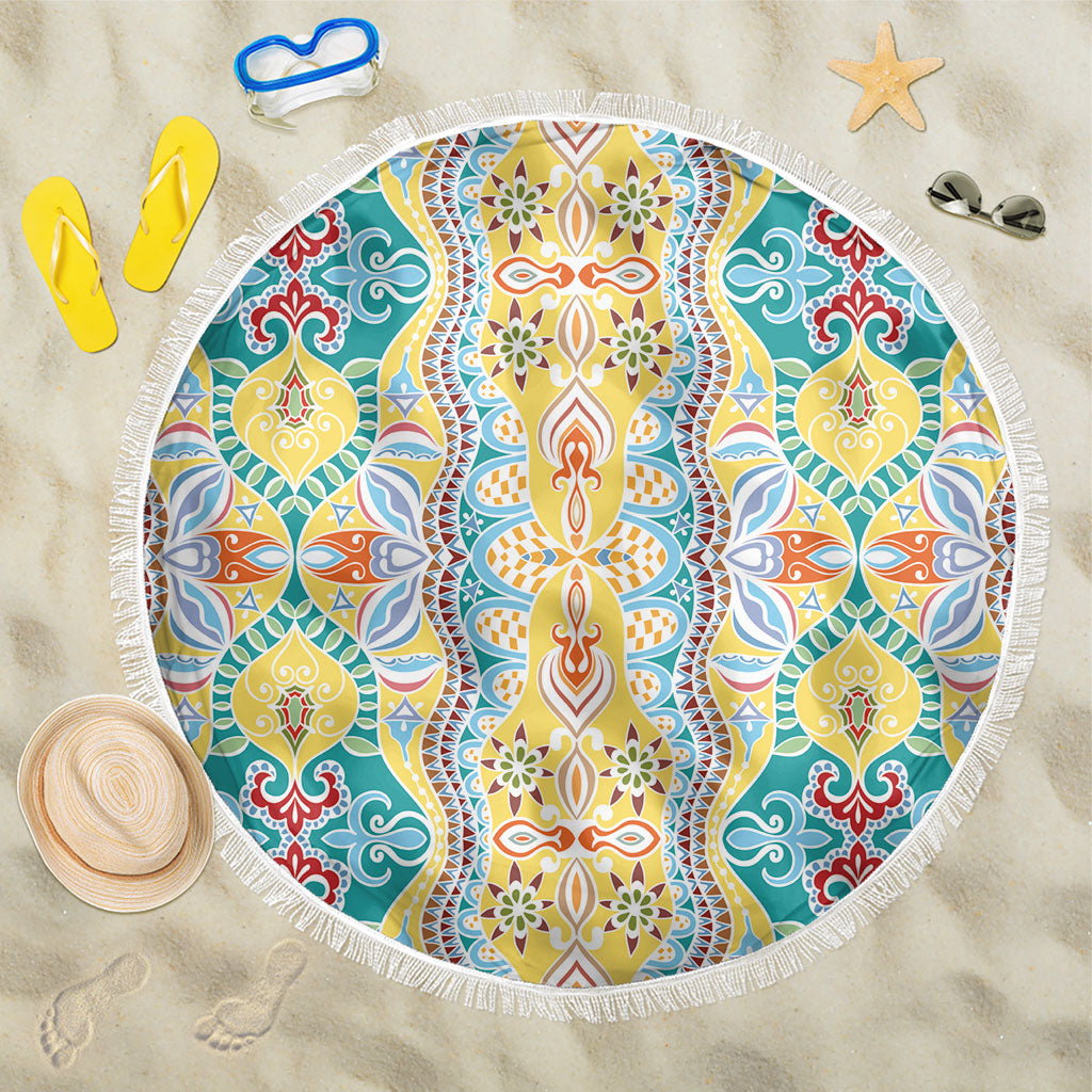 Indian Mandala Pattern Beach Blanket Yellow Geometric Floral Mandala