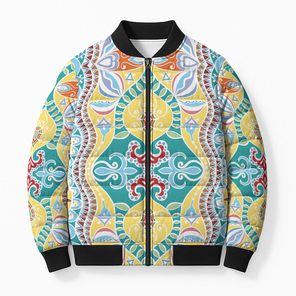 Indian Mandala Pattern Bomber Puffer Jacket Yellow Geometric Floral Mandala