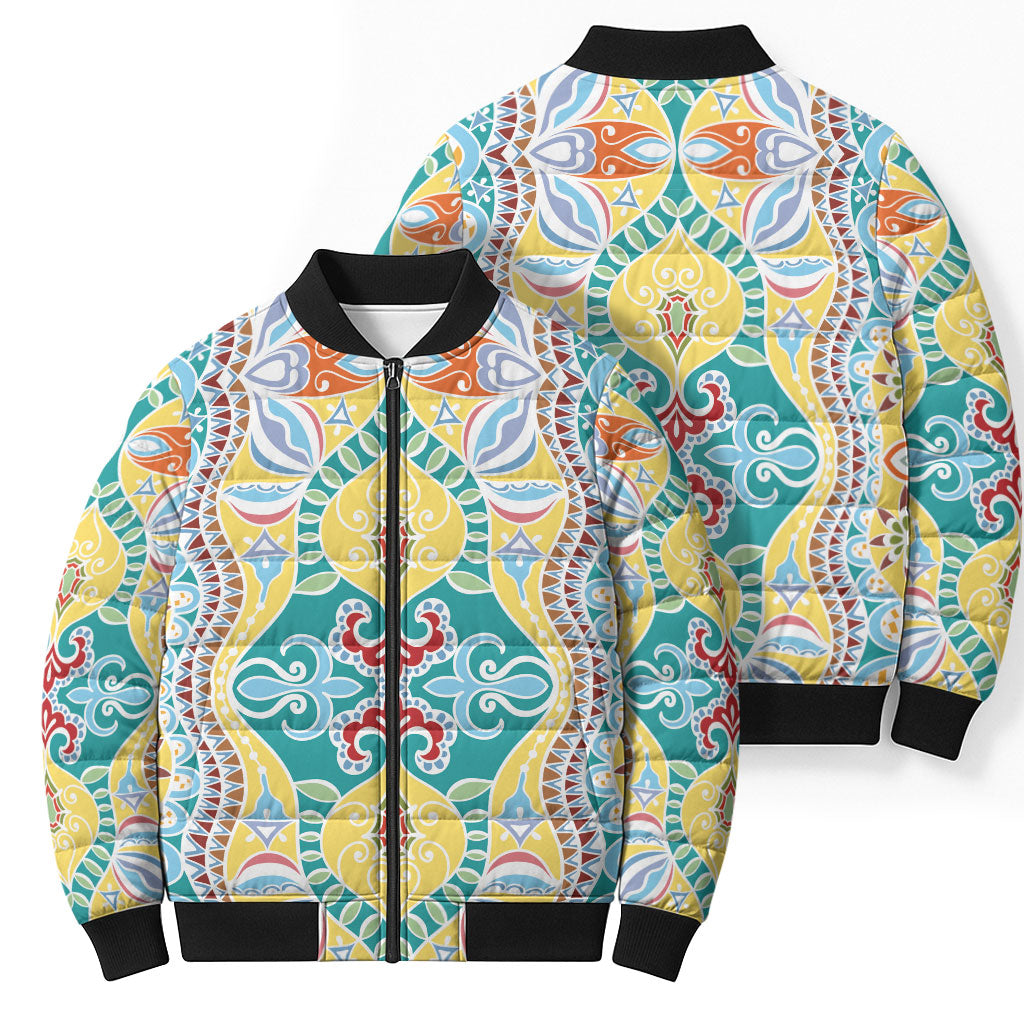Indian Mandala Pattern Bomber Puffer Jacket Yellow Geometric Floral Mandala