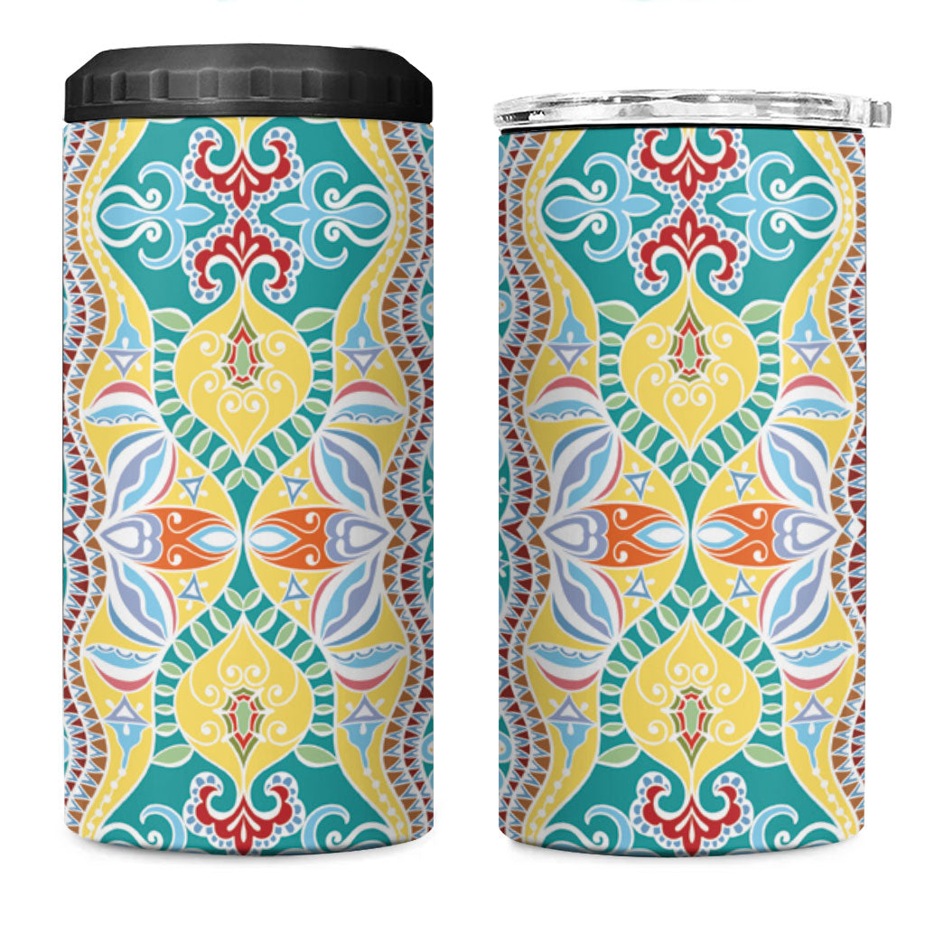 Indian Mandala Pattern 4 in 1 Can Cooler Tumbler Yellow Geometric Floral Mandala