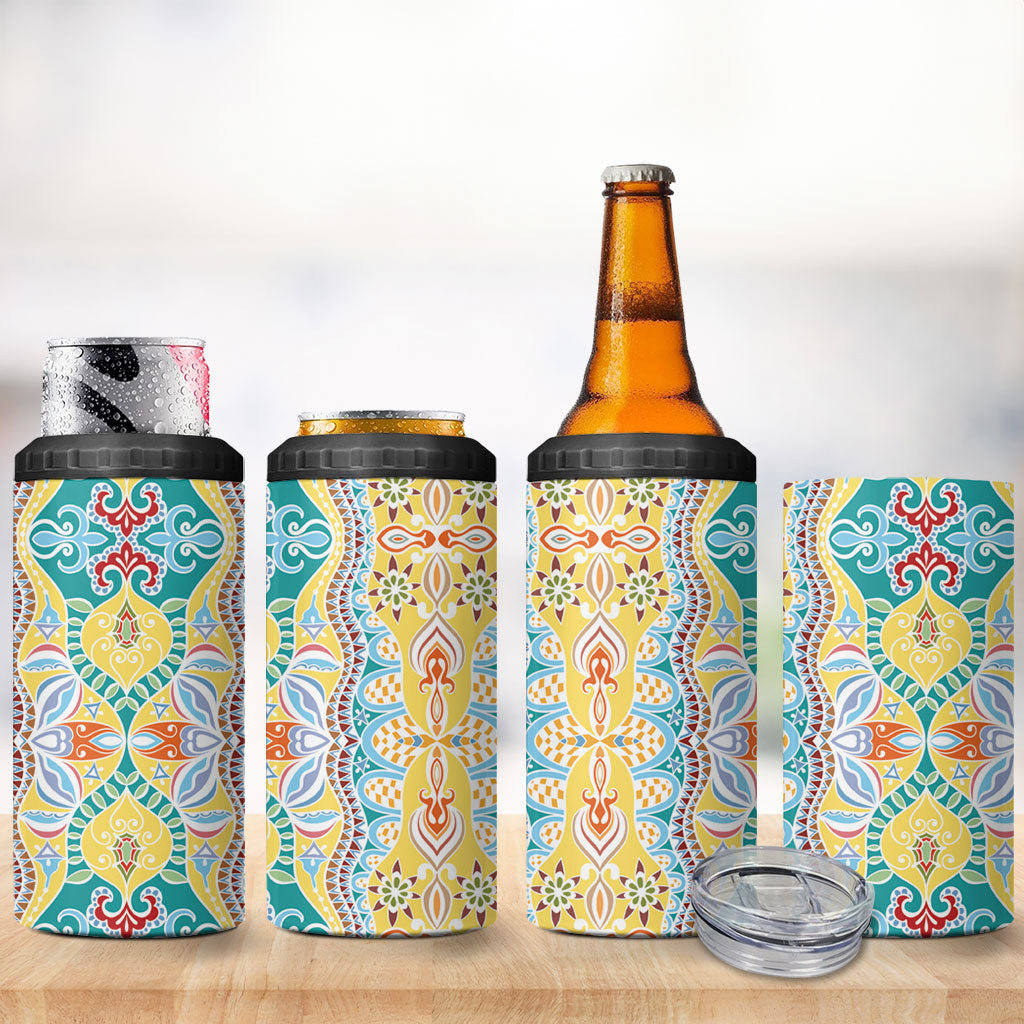 Indian Mandala Pattern 4 in 1 Can Cooler Tumbler Yellow Geometric Floral Mandala