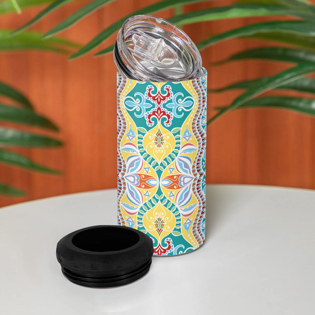 Indian Mandala Pattern 4 in 1 Can Cooler Tumbler Yellow Geometric Floral Mandala