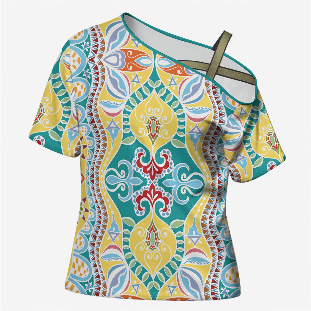Indian Mandala Pattern Cross Shoulder Shirt Yellow Geometric Floral Mandala