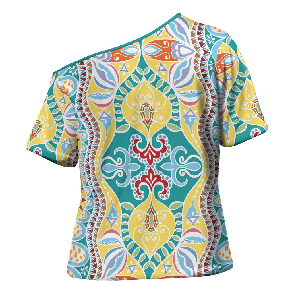 Indian Mandala Pattern Cross Shoulder Shirt Yellow Geometric Floral Mandala