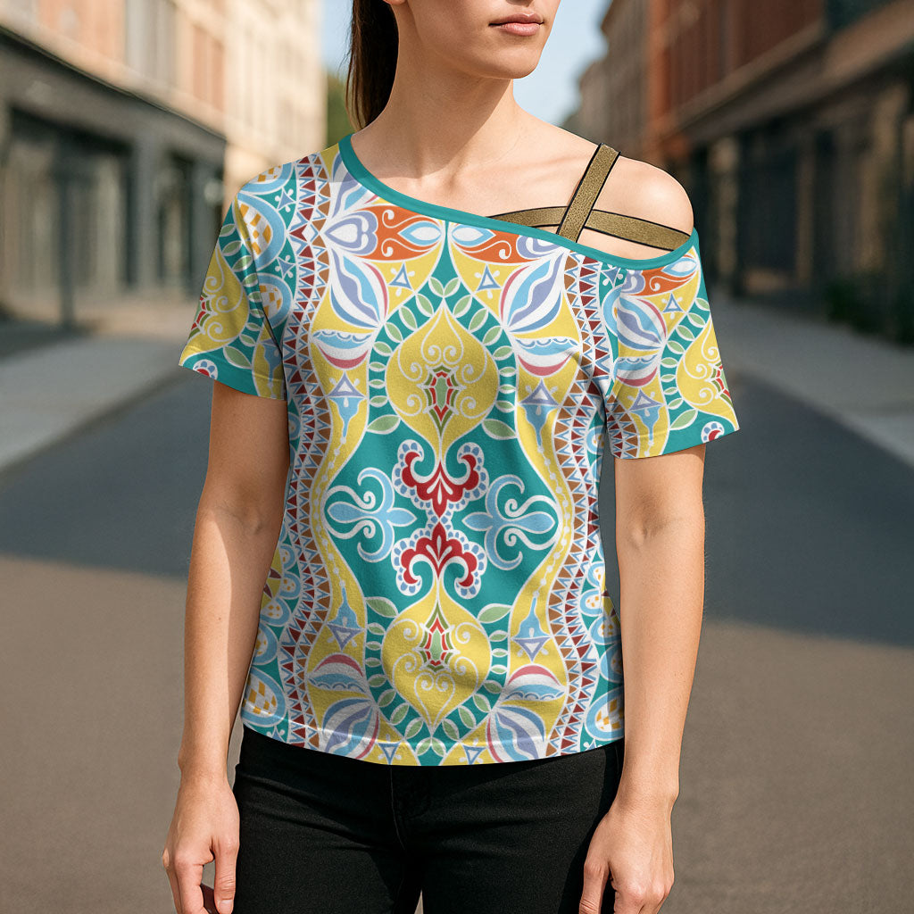 Indian Mandala Pattern Cross Shoulder Shirt Yellow Geometric Floral Mandala