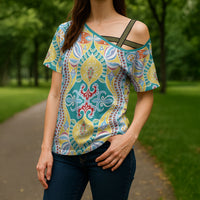 Indian Mandala Pattern Cross Shoulder Shirt Yellow Geometric Floral Mandala