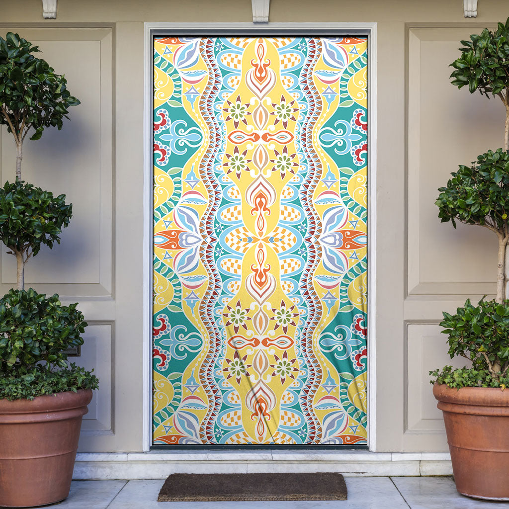 Indian Mandala Pattern Door Cover Yellow Geometric Floral Mandala