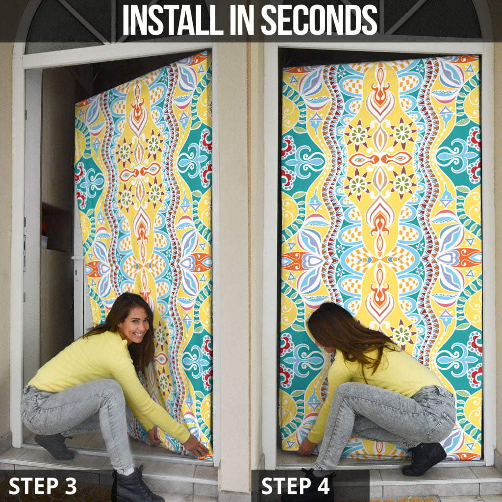 Indian Mandala Pattern Door Cover Yellow Geometric Floral Mandala